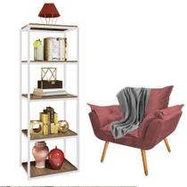 Kit Poltrona Fatte com Manta Soft Cinza e Estante Livreiro Ferro Branco MDF Castanho Suede Rose Gold - Ahazzo Móveis