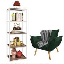 Kit Poltrona Fatte com Manta Soft Cinza e Estante Livreiro Ferro Branco MDF Castanho Suede Verde Musgo - Ahazzo Móveis