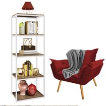 Kit Poltrona Fatte com Manta Soft Cinza e Estante Livreiro Ferro Branco MDF Imbuia Suede Vermelho - Ahz Móveis