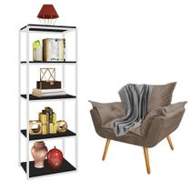 Kit Poltrona Fatte com Manta Soft Cinza e Estante Livreiro Ferro Branco MDF Preto Suede Bege - Ahazzo Móveis