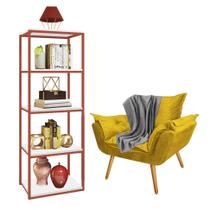 Kit Poltrona Fatte com Manta Soft Cinza e Estante Livreiro Ferro Bronze MDF Branco Suede Amarelo - Ahazzo Móveis