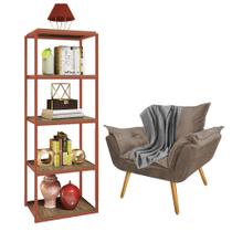 Kit Poltrona Fatte com Manta Soft Cinza e Estante Livreiro Ferro Bronze MDF Castanho Suede Bege - Ahazzo Móveis