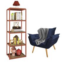 Kit Poltrona Fatte com Manta Soft Cinza e Estante Livreiro Ferro Bronze MDF Freijó Suede Azul Marinho - Ahz Móveis