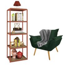 Kit Poltrona Fatte com Manta Soft Cinza e Estante Livreiro Ferro Bronze MDF Freijó Suede Verde Musgo - Ahz Móveis