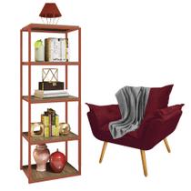 Kit Poltrona Fatte com Manta Soft Cinza e Estante Livreiro Ferro Bronze MDF Imbuia Suede Bordô - Ahz Móveis