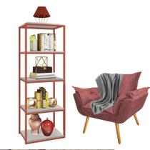 Kit Poltrona Fatte com Manta Soft Cinza e Estante Livreiro Ferro Bronze MDF Marmorizado Cinza Suede Rose Gold - Ahz Móveis