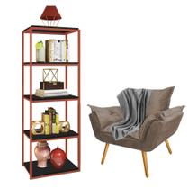 Kit Poltrona Fatte com Manta Soft Cinza e Estante Livreiro Ferro Bronze MDF Preto Suede Bege - Ahazzo Móveis