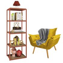 Kit Poltrona Fatte com Manta Soft Cinza e Estante Livreiro Ferro Bronze MDF Rústico Suede Amarelo - Ahz Móveis