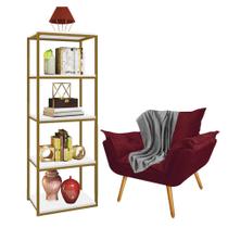 Kit Poltrona Fatte com Manta Soft Cinza e Estante Livreiro Ferro Dourado MDF Branco Suede Bordô - Ahazzo Móveis