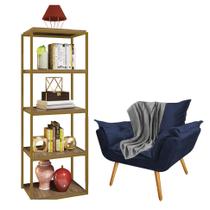 Kit Poltrona Fatte com Manta Soft Cinza e Estante Livreiro Ferro Dourado MDF Castanho Suede Azul Marinho - Ahazzo Móveis