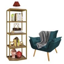 Kit Poltrona Fatte com Manta Soft Cinza e Estante Livreiro Ferro Dourado MDF Castanho Suede Azul Turquesa - Ahz Móveis