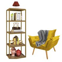 Kit Poltrona Fatte com Manta Soft Cinza e Estante Livreiro Ferro Dourado MDF Freijó Suede Amarelo - Ahazzo Móveis