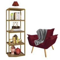 Kit Poltrona Fatte com Manta Soft Cinza e Estante Livreiro Ferro Dourado MDF Imbuia Suede Bordô - Ahazzo Móveis