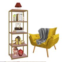 Kit Poltrona Fatte com Manta Soft Cinza e Estante Livreiro Ferro Dourado MDF Rose Suede Amarelo - Ahz Móveis