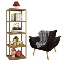 Kit Poltrona Fatte com Manta Soft Cinza e Estante Livreiro Ferro Dourado MDF Rústico Suede Marrom - Ahazzo Móveis