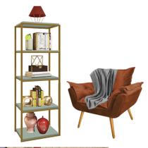 Kit Poltrona Fatte com Manta Soft Cinza e Estante Livreiro Ferro Dourado MDF Verde Oliva Suede Terracota - Ahz Móveis