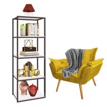 Kit Poltrona Fatte com Manta Soft Cinza e Estante Livreiro Ferro Marrom MDF Branco Suede Amarelo - Ahazzo Móveis