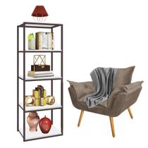 Kit Poltrona Fatte com Manta Soft Cinza e Estante Livreiro Ferro Marrom MDF Branco Suede Bege - Ahz Móveis