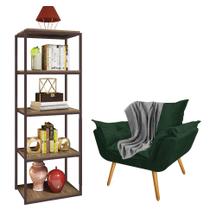 Kit Poltrona Fatte com Manta Soft Cinza e Estante Livreiro Ferro Marrom MDF Imbuia Suede Verde Musgo - Ahazzo Móveis