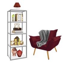 Kit Poltrona Fatte com Manta Soft Cinza e Estante Livreiro Ferro Prata MDF Branco Suede Bordô - Ahazzo Móveis