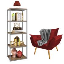 Kit Poltrona Fatte com Manta Soft Cinza e Estante Livreiro Ferro Prata MDF Caramelo Suede Vermelho - Ahazzo Móveis