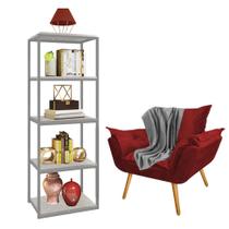 Kit Poltrona Fatte com Manta Soft Cinza e Estante Livreiro Ferro Prata MDF Marmorizado Cinza Suede Vermelho - Ahz Móveis