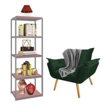 Kit Poltrona Fatte com Manta Soft Cinza e Estante Livreiro Ferro Prata MDF Rose Suede Verde Musgo - Ahazzo Móveis