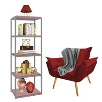 Kit Poltrona Fatte com Manta Soft Cinza e Estante Livreiro Ferro Prata MDF Rose Suede Vermelho - Ahz Móveis