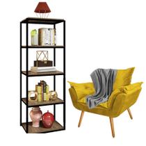 Kit Poltrona Fatte com Manta Soft Cinza e Estante Livreiro Ferro Preto MDF Caramelo Suede Amarelo - Ahz Móveis