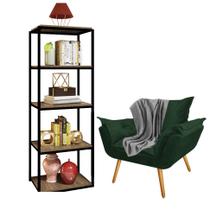 Kit Poltrona Fatte com Manta Soft Cinza e Estante Livreiro Ferro Preto MDF Freijó Suede Verde Musgo - Ahazzo Móveis