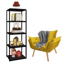 Kit Poltrona Fatte com Manta Soft Cinza e Estante Livreiro Ferro Preto MDF Preto Suede Amarelo - Ahz Móveis