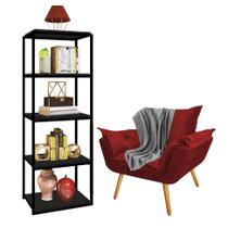 Kit Poltrona Fatte com Manta Soft Cinza e Estante Livreiro Ferro Preto MDF Preto Suede Vermelho - Ahazzo Móveis