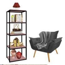 Kit Poltrona Fatte com Manta Soft Cinza e Estante Livreiro Ferro Preto MDF Rose Suede Cinza - Ahazzo Móveis