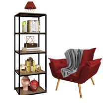 Kit Poltrona Fatte com Manta Soft Cinza e Estante Livreiro Ferro Preto MDF Rústico Suede Vermelho - Ahazzo Móveis