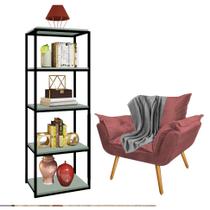 Kit Poltrona Fatte com Manta Soft Cinza e Estante Livreiro Ferro Preto MDF Verde Oliva Suede Rose Gold - Ahazzo Móveis