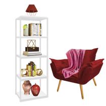 Kit Poltrona Fatte com Manta Soft e Estante Livreiro Ferro Branco MDF Branco Suede Vermelho - Ahazzo Móveis