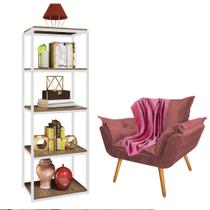 Kit Poltrona Fatte com Manta Soft e Estante Livreiro Ferro Branco MDF Castanho Suede Rose Gold - Ahazzo Móveis