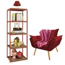 Kit Poltrona Fatte com Manta Soft e Estante Livreiro Ferro Bronze MDF Rústico Suede Vermelho - Ahazzo Móveis