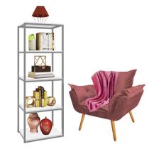 Kit Poltrona Fatte com Manta Soft e Estante Livreiro Ferro Cinza MDF Branco Suede Rose Gold - Ahazzo Móveis