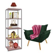 Kit Poltrona Fatte com Manta Soft e Estante Livreiro Ferro Cinza MDF Rose Suede Verde Musgo - Ahazzo Móveis