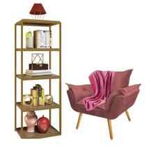 Kit Poltrona Fatte com Manta Soft e Estante Livreiro Ferro Dourado MDF Castanho Suede Rose Gold - Ahazzo Móveis