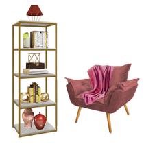 Kit Poltrona Fatte com Manta Soft e Estante Livreiro Ferro Dourado MDF Marmorizado Cinza Suede Rose Gold - Ahazzo Móveis