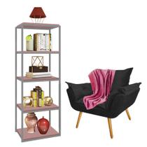 Kit Poltrona Fatte com Manta Soft e Estante Livreiro Ferro Prata MDF Rose Suede Preto - Ahazzo Móveis