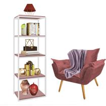 Kit Poltrona Fatte com Manta Soft Lilás e Estante Livreiro Ferro Branco MDF Rose Suede Rose Gold - Ahazzo Móveis