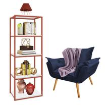 Kit Poltrona Fatte com Manta Soft Lilás e Estante Livreiro Ferro Bronze MDF Branco Suede Azul Marinho - Ahazzo Móveis