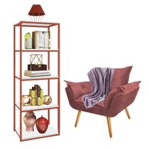 Kit Poltrona Fatte com Manta Soft Lilás e Estante Livreiro Ferro Bronze MDF Branco Suede Rose Gold - Ahazzo Móveis