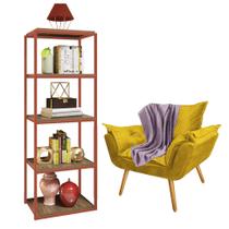 Kit Poltrona Fatte com Manta Soft Lilás e Estante Livreiro Ferro Bronze MDF Carvalho Suede Amarelo - Ahz Móveis