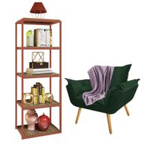 Kit Poltrona Fatte com Manta Soft Lilás e Estante Livreiro Ferro Bronze MDF Castanho Suede Verde Musgo - Ahz Móveis