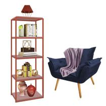 Kit Poltrona Fatte com Manta Soft Lilás e Estante Livreiro Ferro Bronze MDF Rose Suede Azul Marinho - Ahazzo Móveis