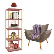 Kit Poltrona Fatte com Manta Soft Lilás e Estante Livreiro Ferro Bronze MDF Rose Suede Bege - Ahazzo Móveis